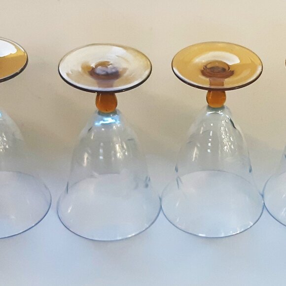 VTG Antique Thin Elegant Glass Azure Blue Goblet Amber Stem Set of 4 Etched Rare - Picture 8 of 14